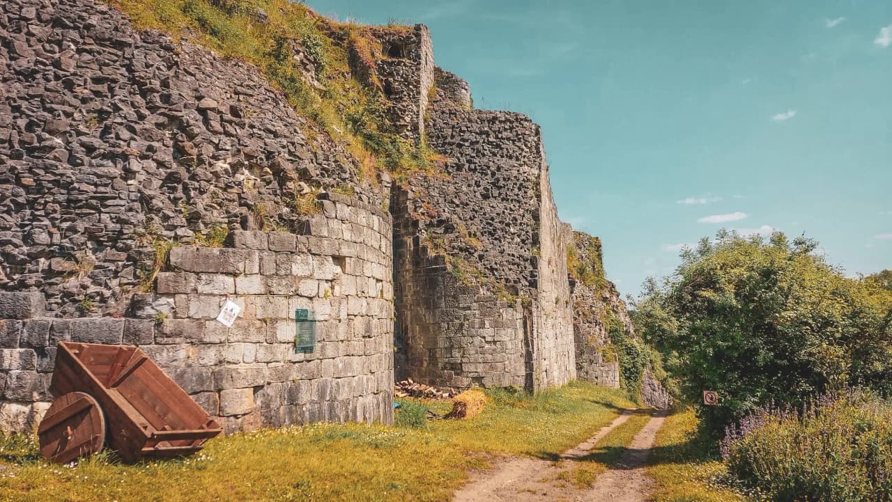 Des ruines anciennes en pierre, partiellement recouvertes de végétation, bordent un chemin de terre. À gauche, un chariot en bois est renversé, tandis qu'une herbe verte et des fleurs sauvages poussent