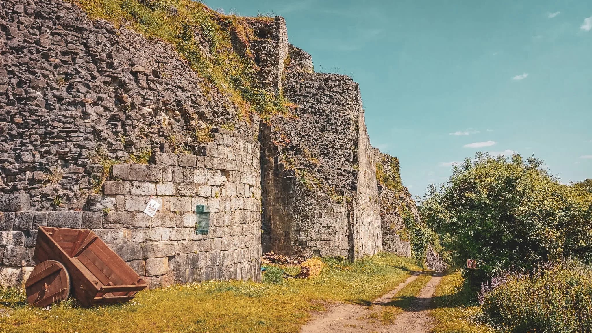 Ancient stone ruins, partially overgrown, line a dirt track. To the left, a wooden cart is overturned, while green grass and wildflowers grow in the background.