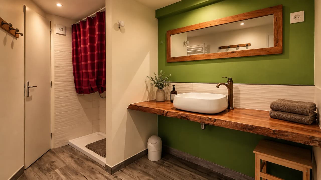 Moderne badkamer met een groene muur, een stenen wastafel en sfeervolle verlichting, perfect na het klimmen.