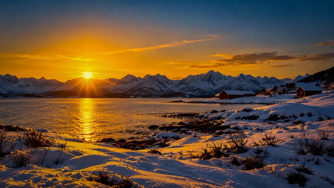 A dazzling sunset over snow-capped mountains, a peaceful fjord, and enchanting wilderness.
