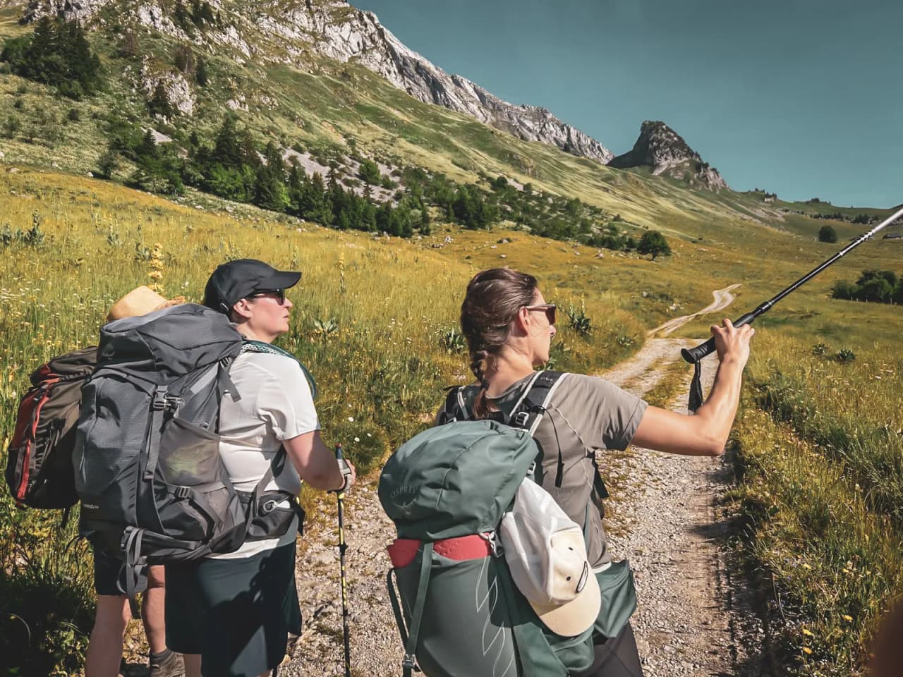 Two hikers on a green trail, surrounded by the majestic scenery of the Hautes Bauges.