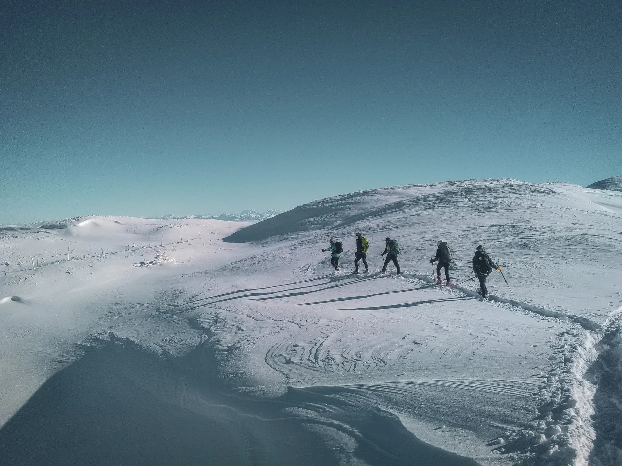 Een groep avonturiers op sneeuwschoenen doorkruist de besneeuwde landschappen van de Zwitserse Jura onder een blauwe hemel.