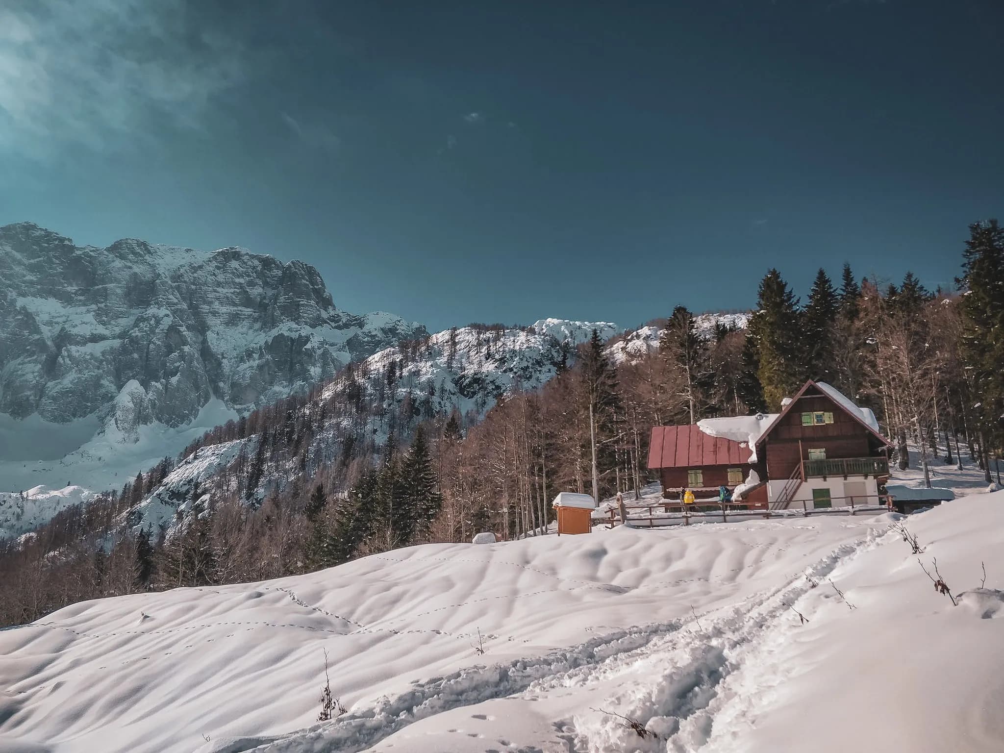 Un chalet en bois entouré de neige, avec des montagnes majestueuses en arrière-plan.