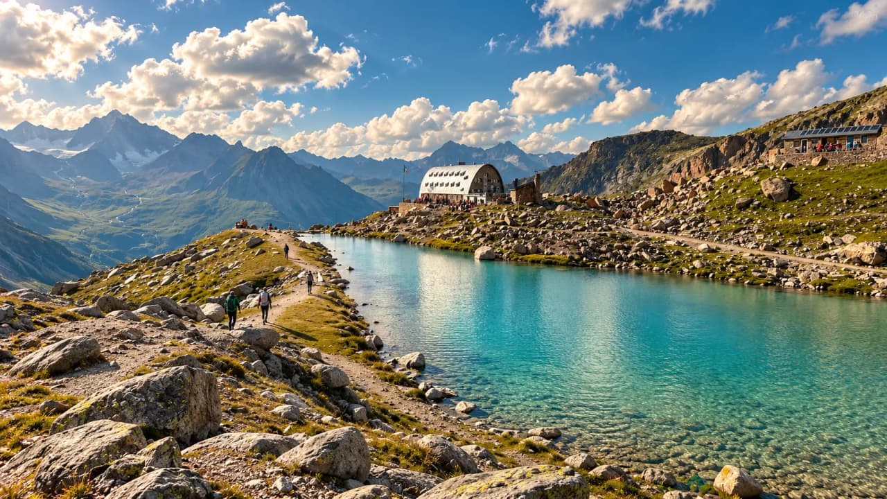 Un paysage alpin éblouissant avec des montagnes, un lac turquoise et une cabane accueillante.