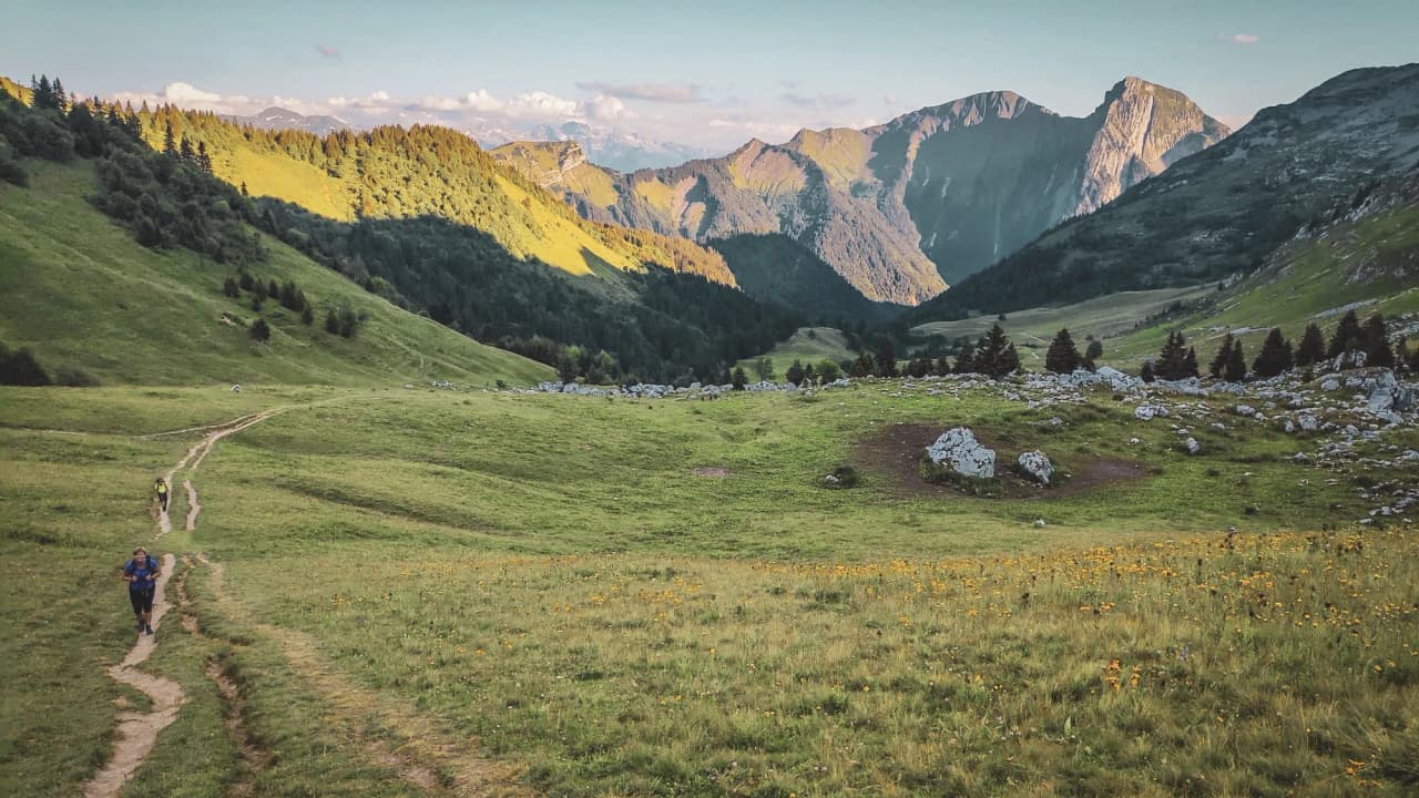 A winding path through lush green countryside with majestic mountains in the background.
