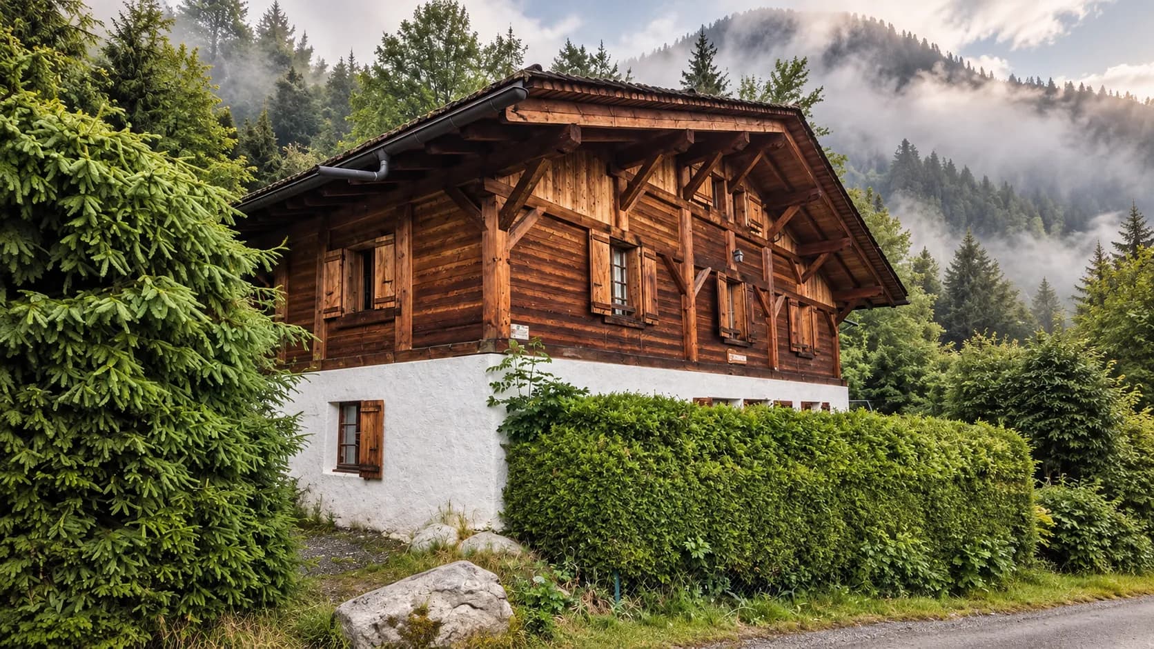 A charming wooden house, surrounded by greenery and mountains, in the heart of the Alpine countryside.