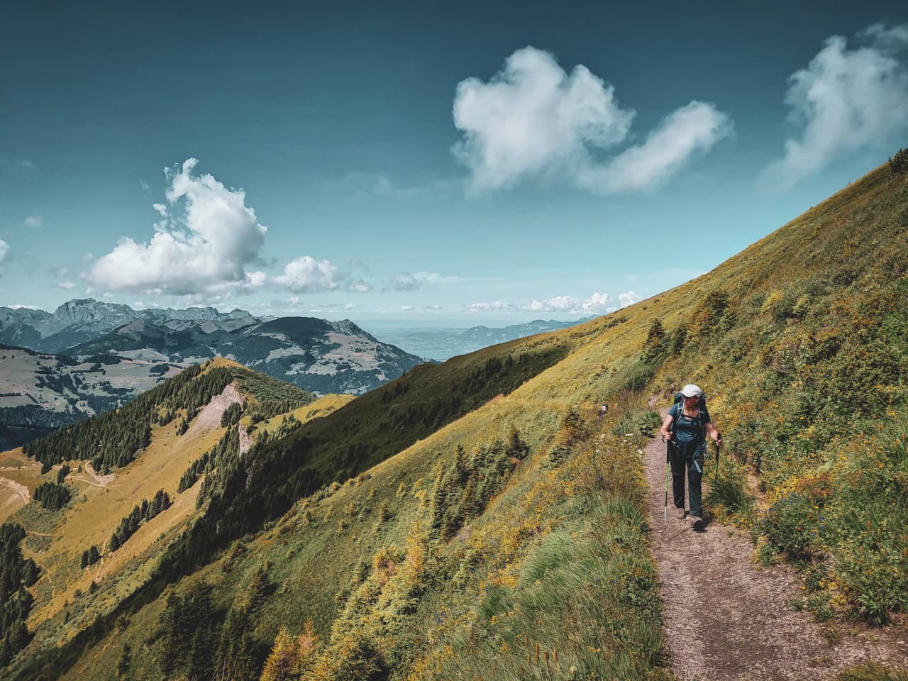 Hikers on an alpine trail, surrounded by lush green landscapes and majestic mountains.