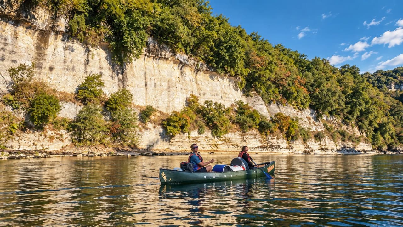 Canoë sur la Dordogne, entouré de falaises verdoyantes et ciel bleu, invitation à l'aventure.