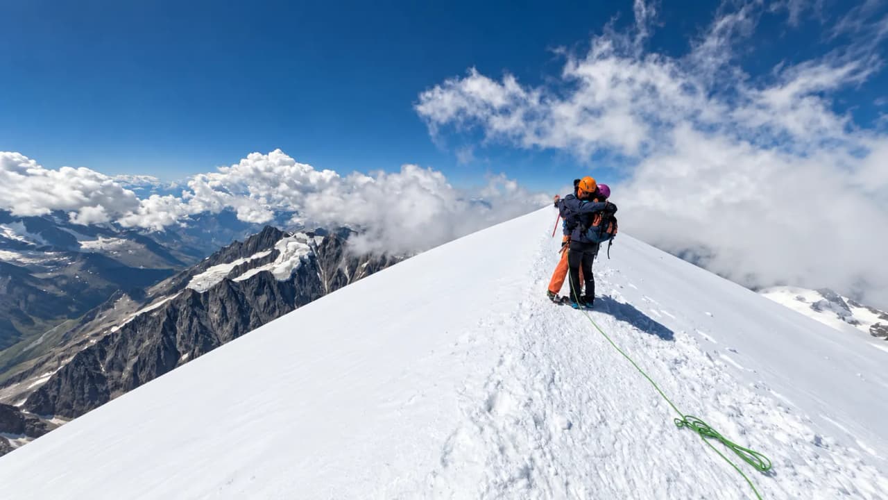 Des alpinistes sur une crête enneigée, admirant des sommets majestueux sous un ciel bleu éclatant.