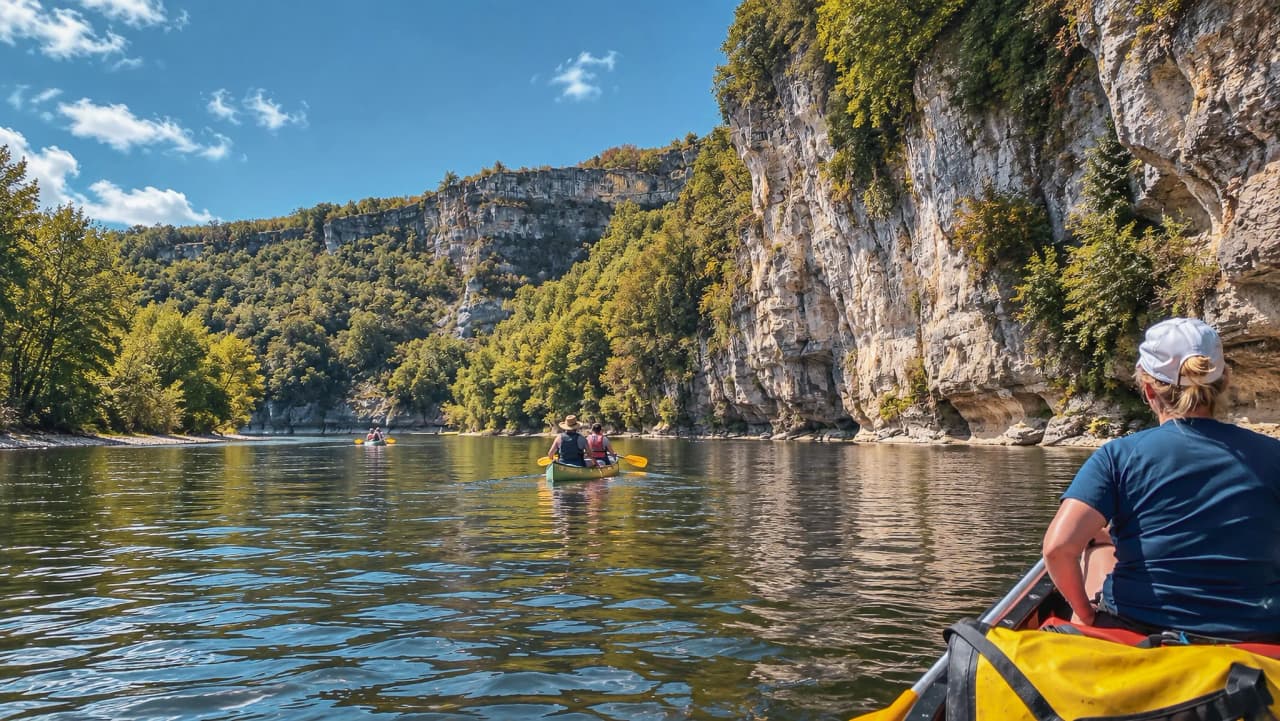 Découvrez une paisible descente en canoë sur la Dordogne, entourée de falaises verdoyantes.
