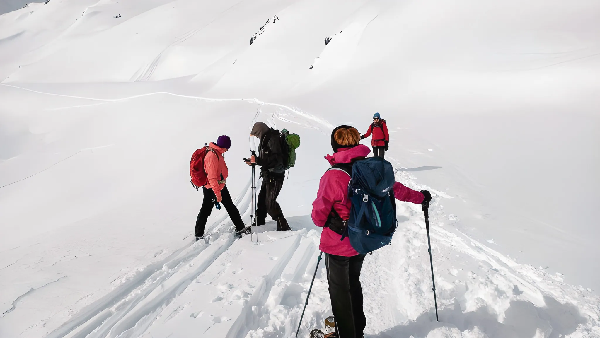 Een groep wandelaars op sneeuwschoenen in een besneeuwd landschap, op weg naar de Grote Sint-Bernardpas.