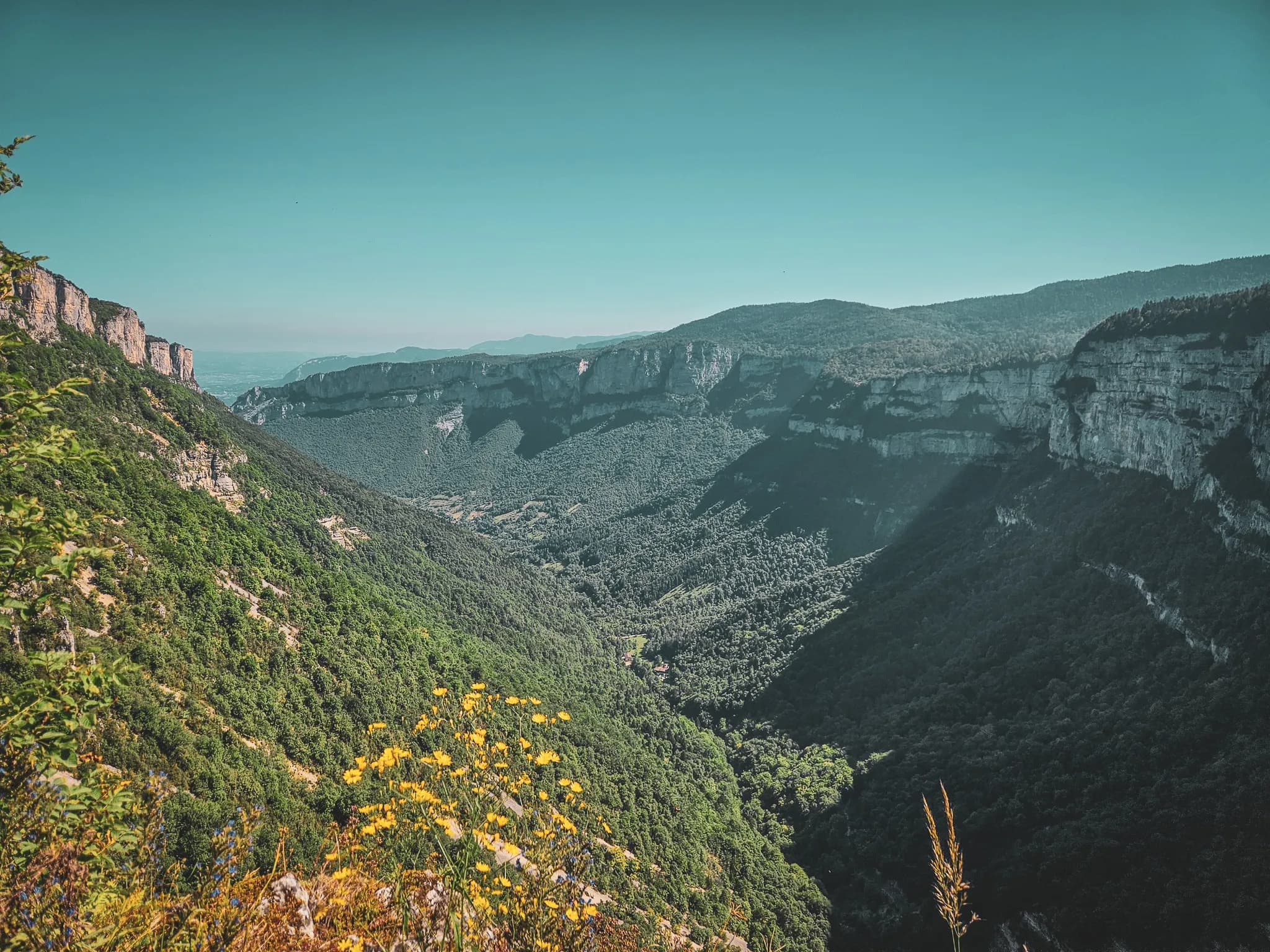 A vast green panorama of the Vercors, with majestic cliffs and clear skies, inviting you to embark on an adventure.