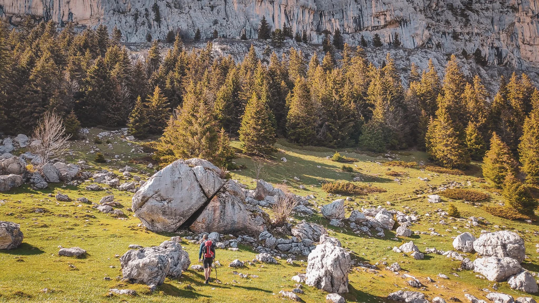 Un randonneur progresse à travers un paysage montagneux, entouré de grands rochers et d'une végétation luxuriante. Des conifères verdoyants bordent le fond, offrant une atmosphère paisible. Le sol est