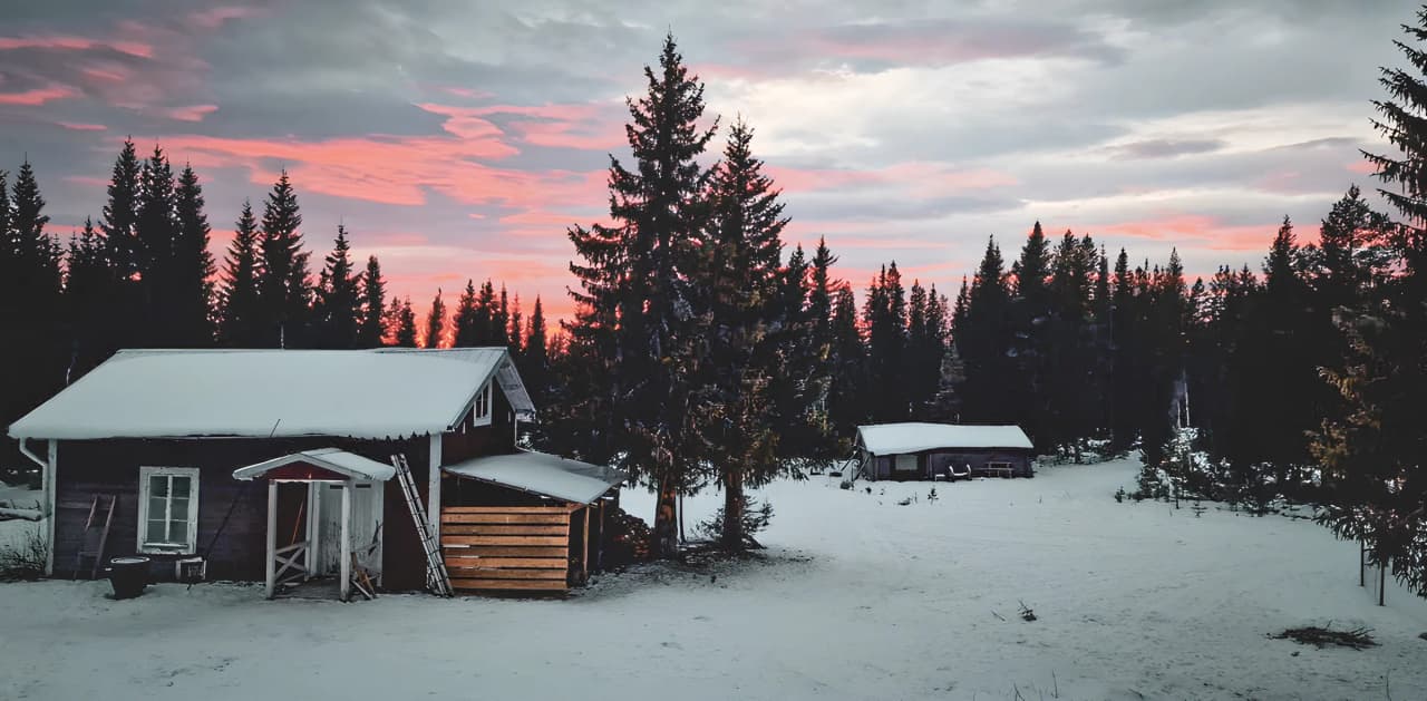 Cabane enneigée sous un ciel aux teintes rose et violet, entourée de majestueux sapins.