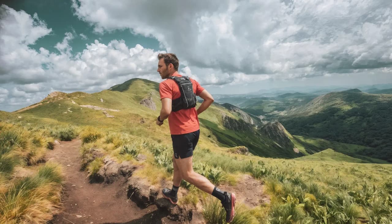 Un coureur sur un sentier verdoyant, entouré par les volcans majestueux de l'Auvergne.