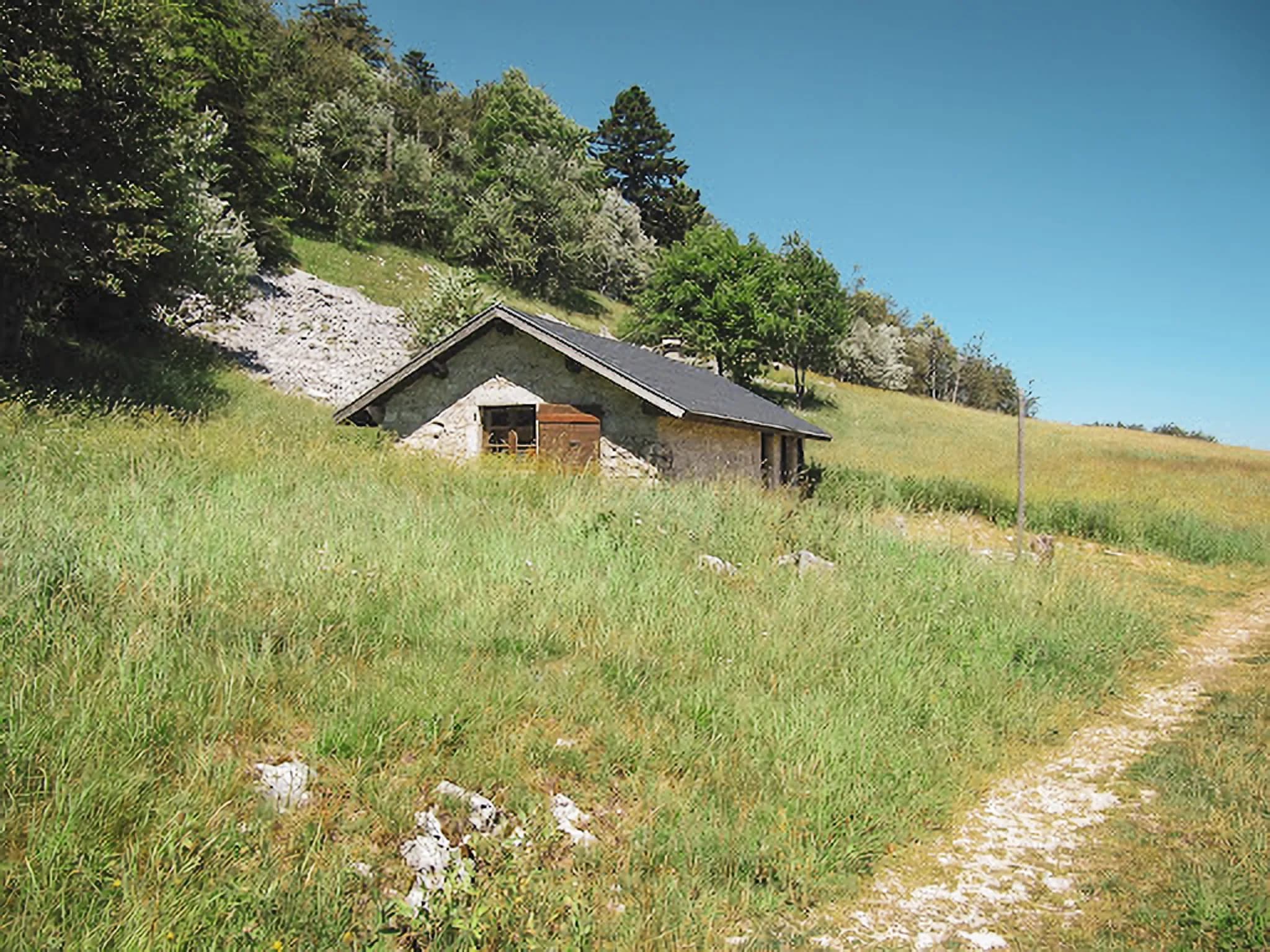 A stone cottage in the heart of a vast green field, under a radiant sky.
