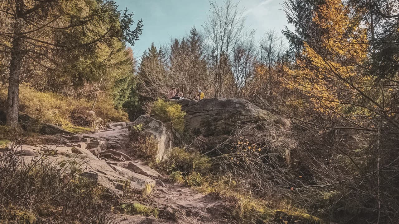 Deux randonneurs se reposent sur des rochers, entourés par la forêt automnale des Vosges.