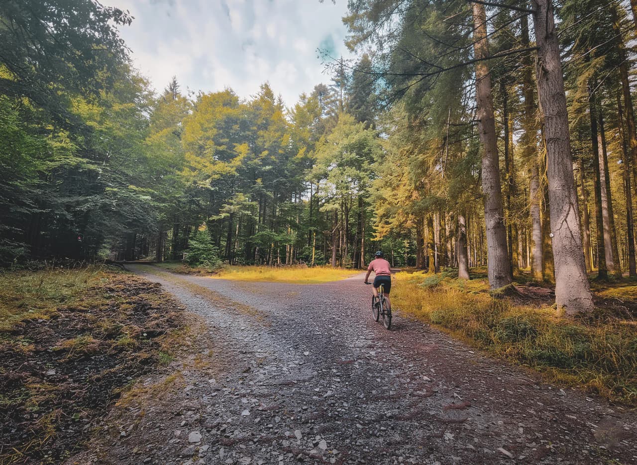 Un cycliste balade dans une forêt ardennaise, entouré de lumières dorées et de nature paisible.