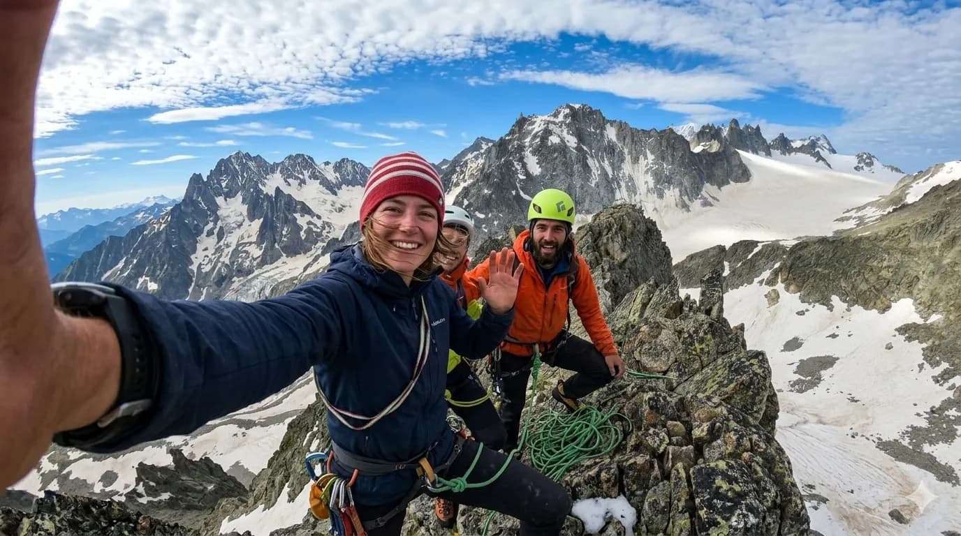 A group of smiling climbers at the summit, with the majestic Mont-Blanc in the background.