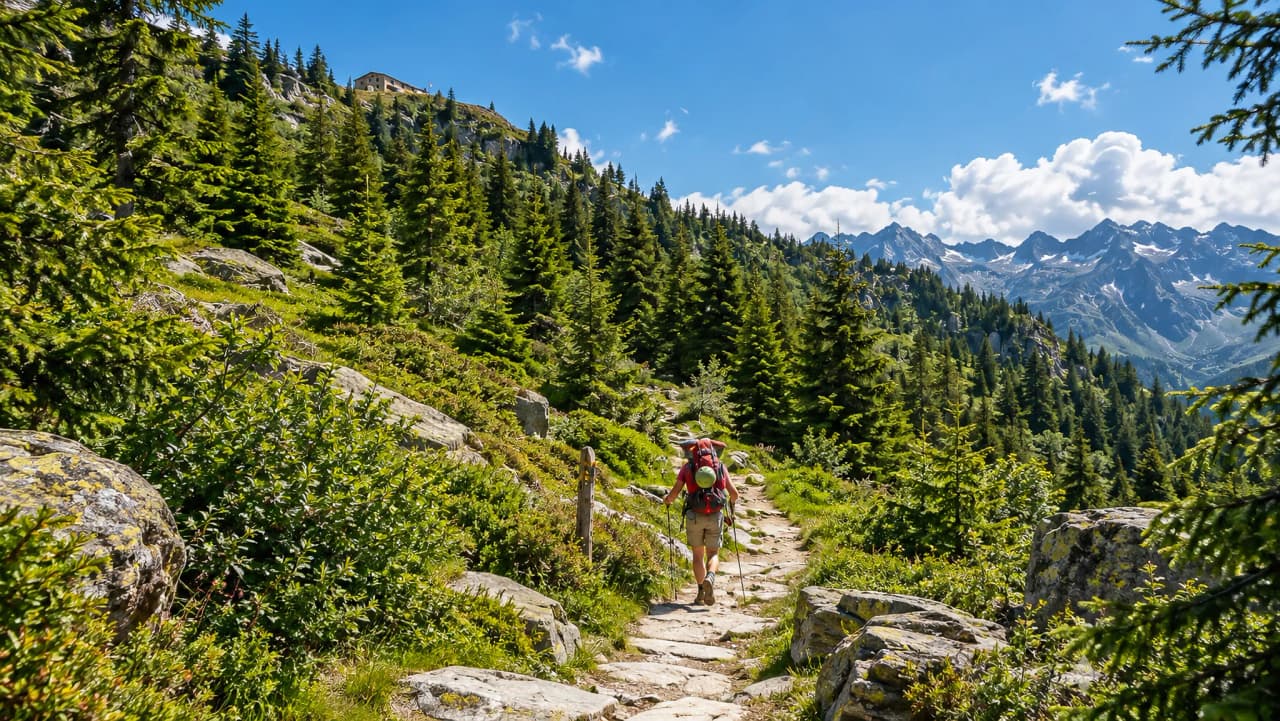Een wandelaar op een pad te midden van groene alpenlandschappen, onder een stralend blauwe hemel.