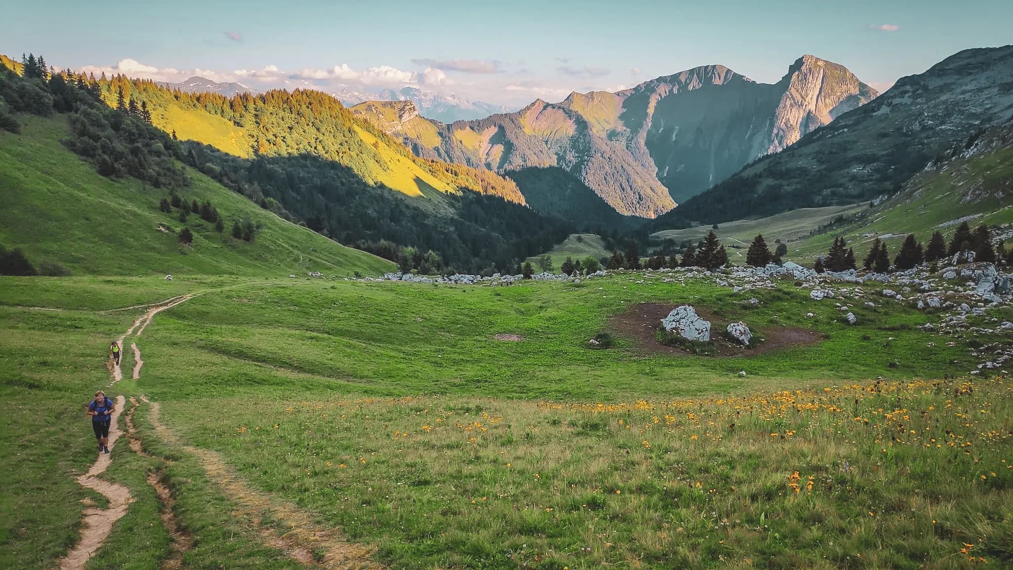 Un paysage alpin verdoyant avec des collines et des montagnes à l'arrière-plan. La scène est baignée d'une lumière douce, suggérant une heure dorée, avec des sommets montagneux partiellement ensoleillés. Un sent