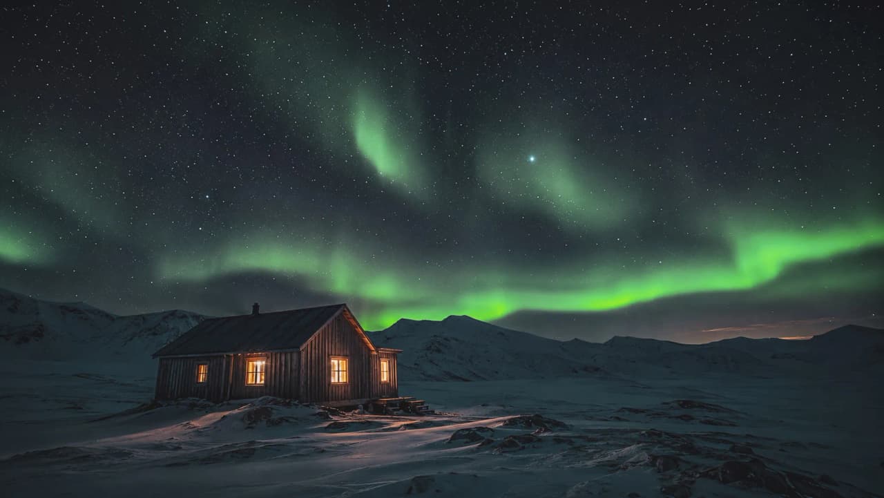 Een verlichte houten hut onder het noorderlicht, winterlandschap in Noors Lapland.