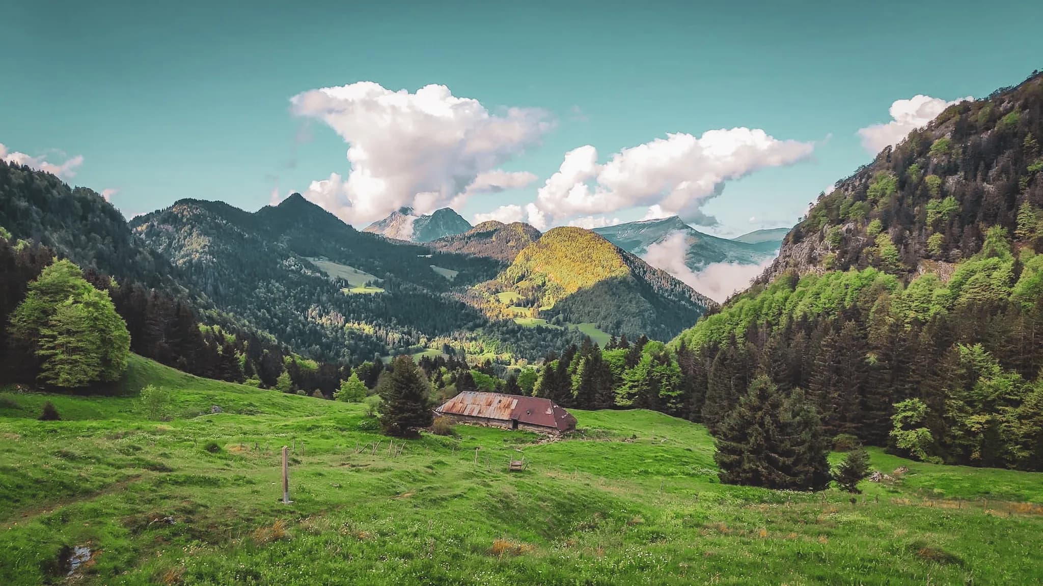 Un paysage montagneux verdoyant avec une grande vallée. Un vieux bâtiment avec un toit en tôle se trouve au premier plan, entouré d'herbe et de sapins. À l'arrière, des montagnes majestueuses se dressent