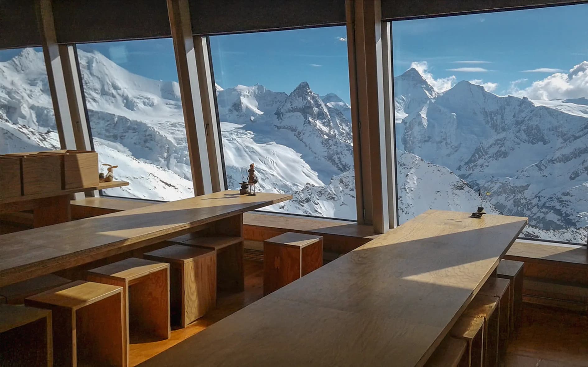 Spectacular views of the snow-capped peaks of the Swiss Alps from a comfortable alpine mountain hut.