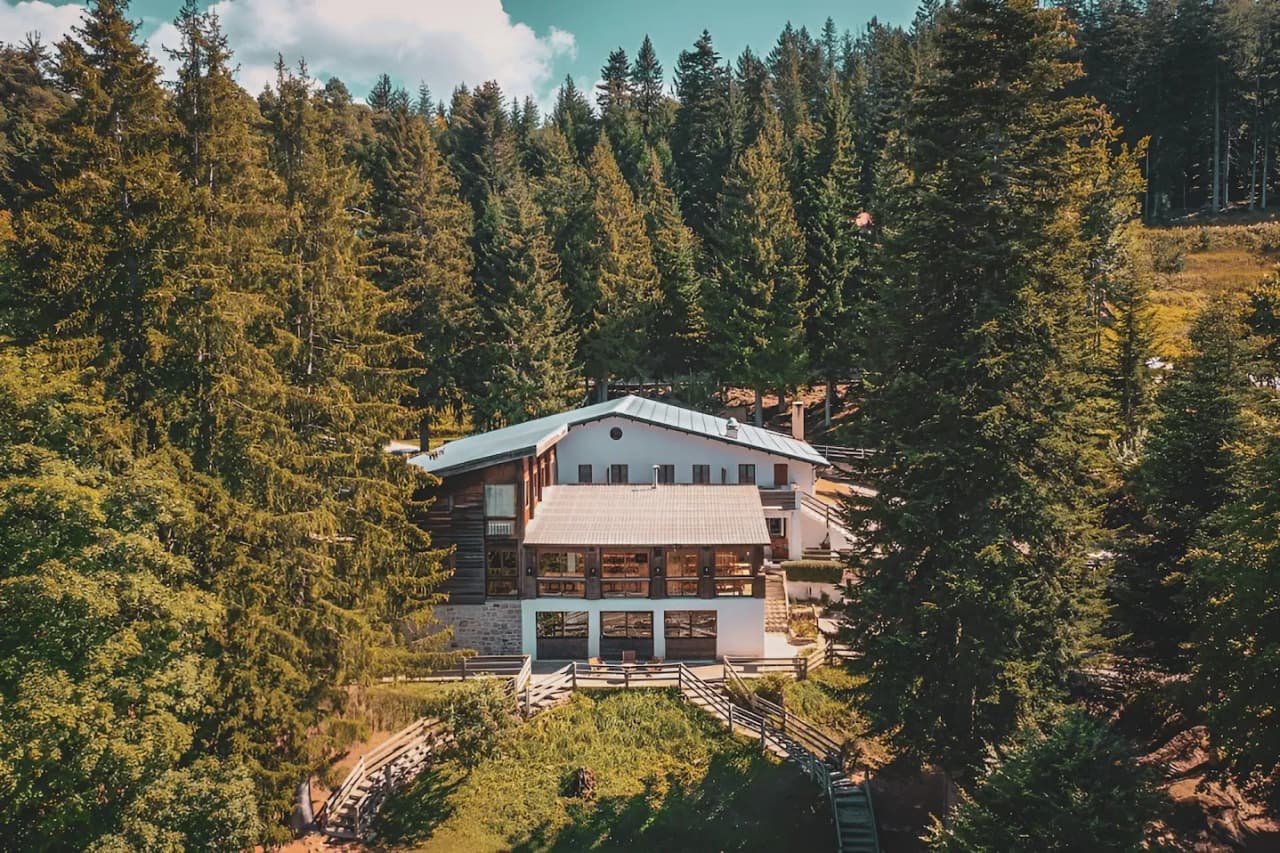 Un chalet accueillant au cœur d'une forêt dense, parfait pour des aventures en montagne.
