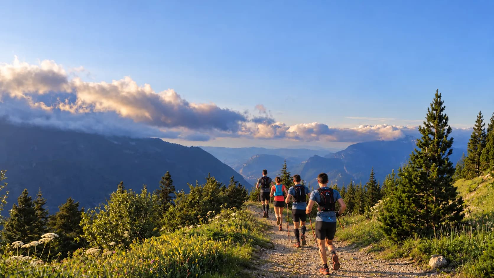 Coureurs sur un sentier montagneux ensoleillé, entourés de paysages verdoyants et majestueux.