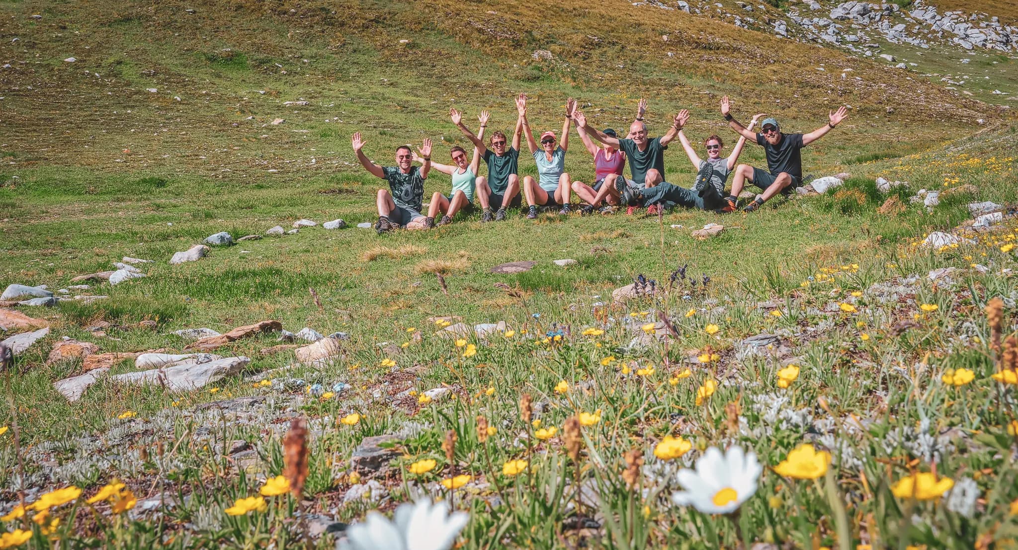 Un groupe de huit personnes est assis sur une pelouse verdoyante, entouré de fleurs sauvages jaunes et blanches. Tous les participants semblent joyeux, levant les bras en signe de célébration ou d'excitation. En arrière-plan