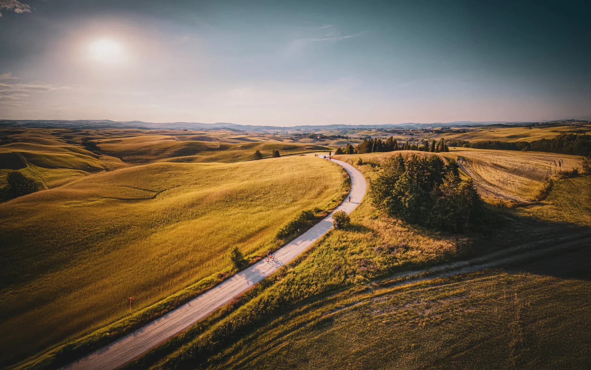 A rolling landscape bathed in golden light at dusk, with fields of wheat rippling in the breeze. A winding dirt road winds through the hills.