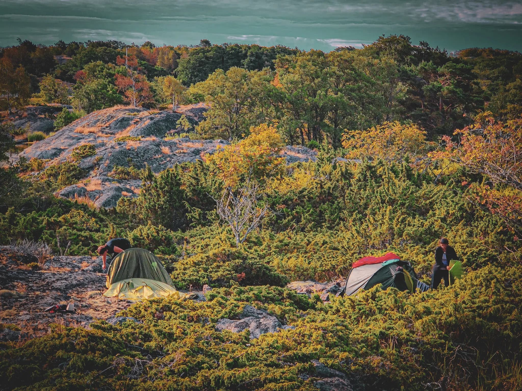 An autumn landscape reveals camping tents erected on rocky ground, surrounded by dense, colourful greenery. In the foreground, one person is bending over to adjust a green tent, while another is manipulating its shape.