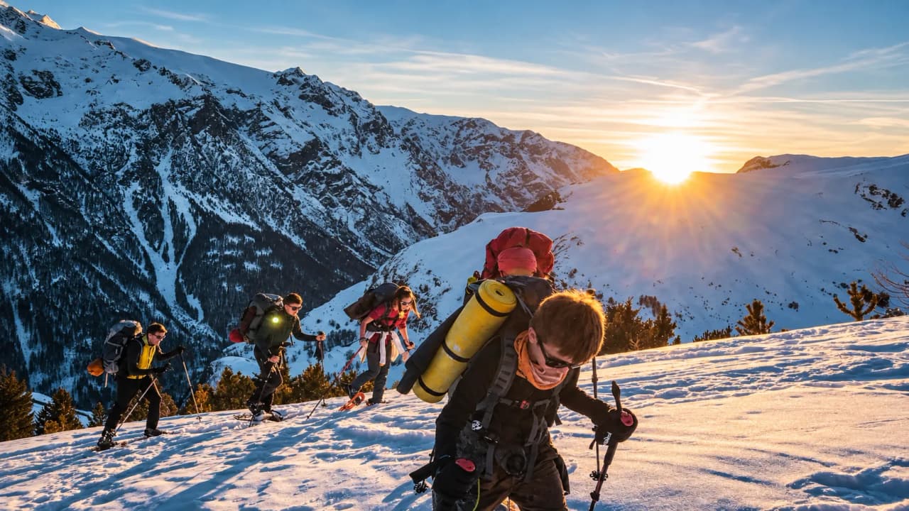 Een groep met sneeuwschoenen aan beklimt bij zonsondergang besneeuwde bergtoppen; de majestueuze Écrins.