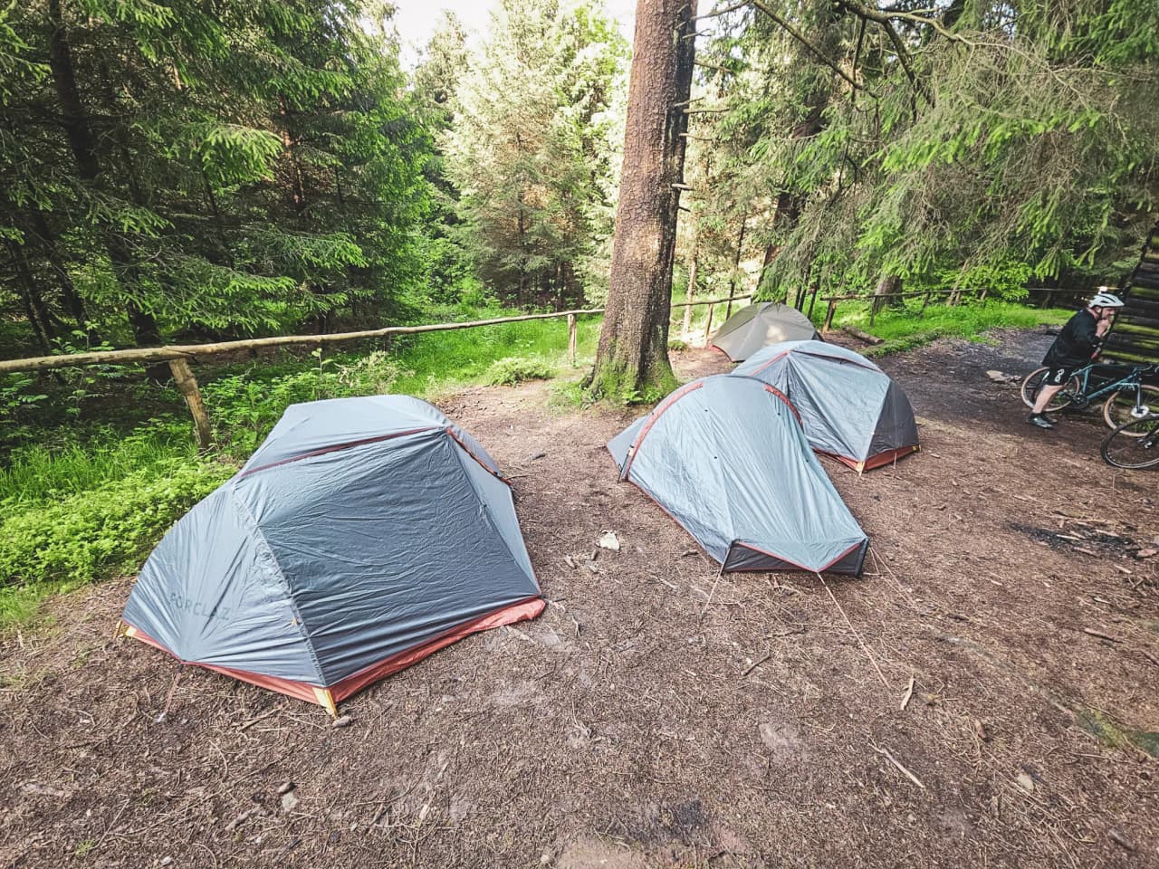Tentes de bivouac en pleine nature verdoyante, parfait pour une aventure à vélo.