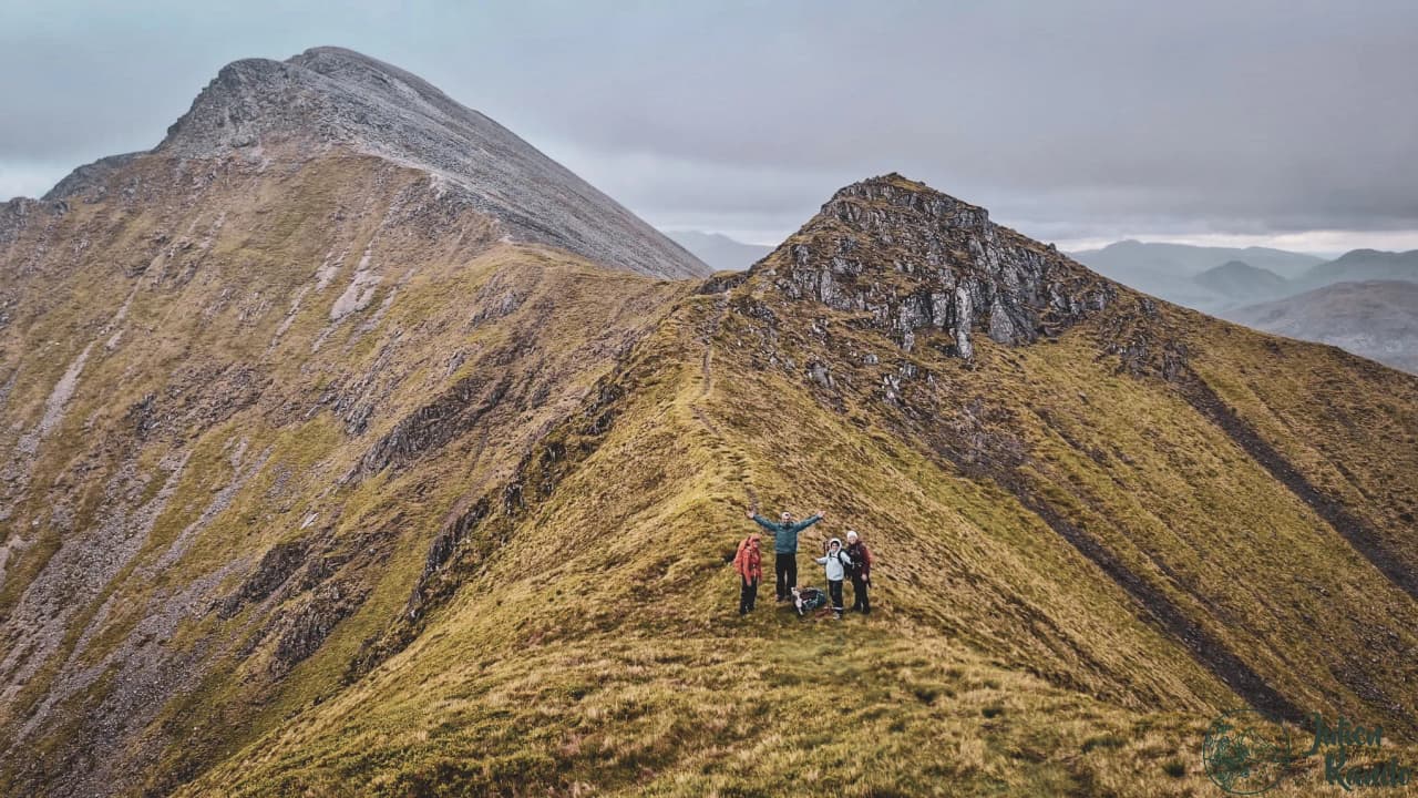 A group of adventurers on a summit in the Scottish Highlands, surrounded by majestic valleys.