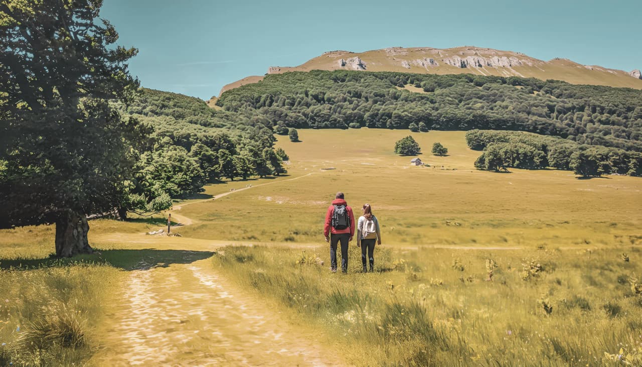 Two hikers walk hand in hand along a green path, surrounded by majestic mountains.