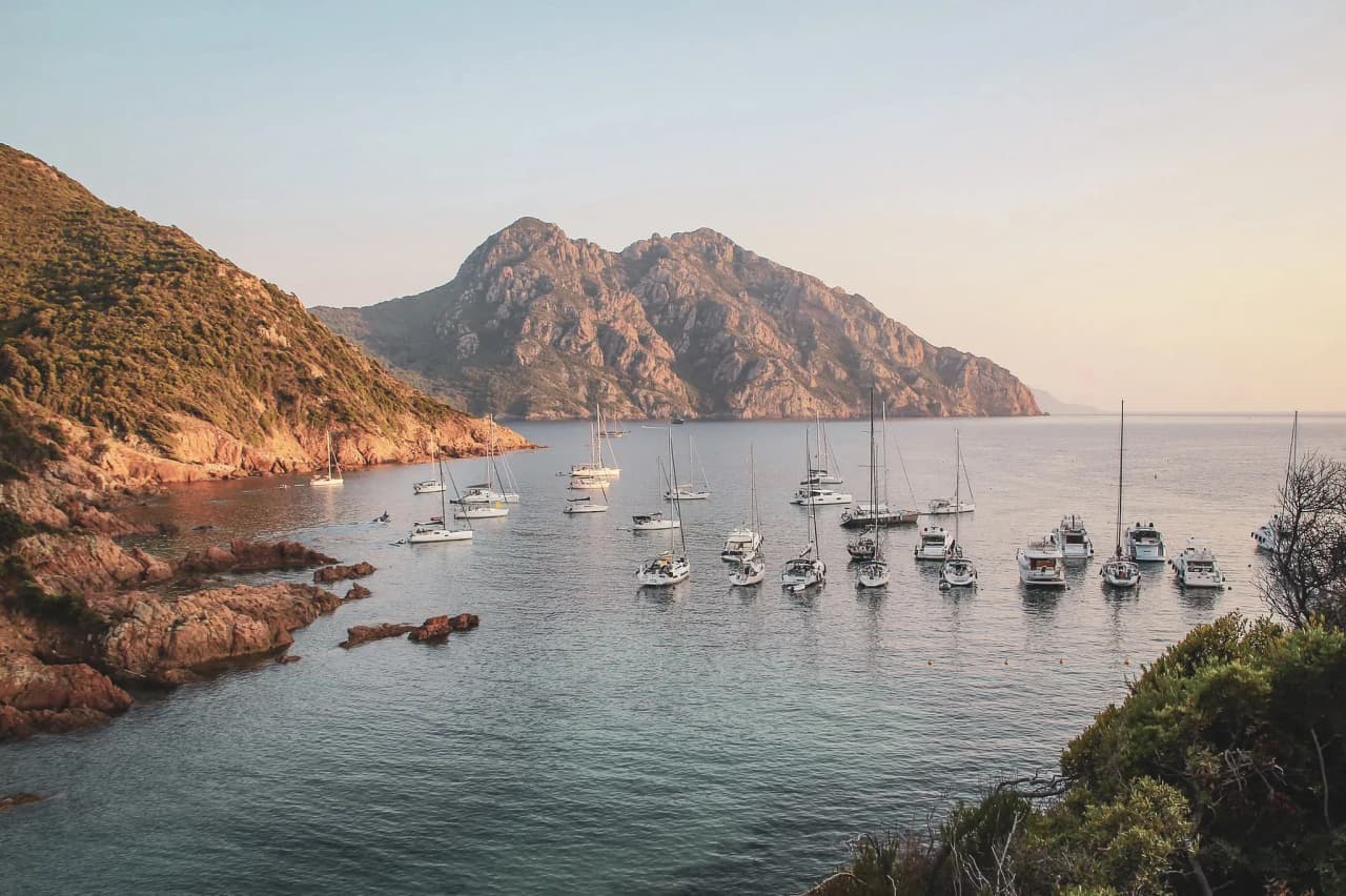 Vue panoramique apaisante de voiliers ancrés dans une baie cristalline, entourée de montagnes verdoyantes.