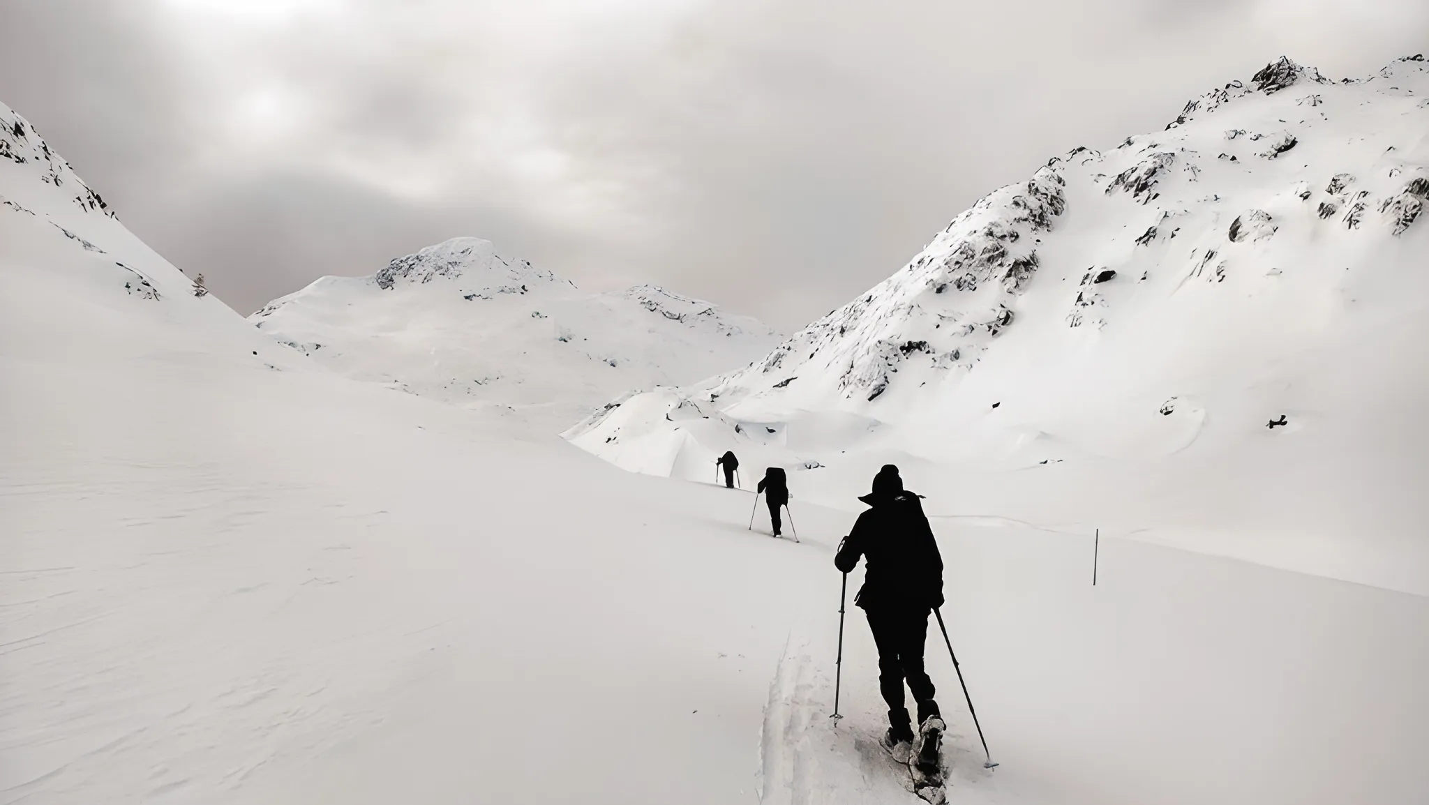 Een groep avonturiers op sneeuwschoenen verkent een besneeuwd landschap op de Grote Sint-Bernardpas.