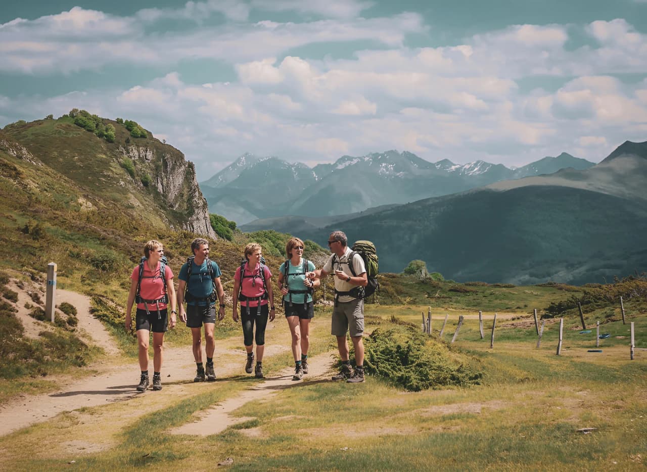 Groupe de randonneurs sur un sentier des Pyrénées, entouré de paysages montagneux majestueux.