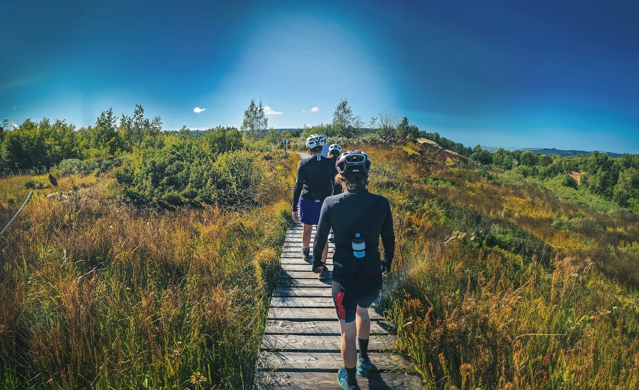 A group of cyclists ride along a wooden path, bordered by dense vegetation and long grass, under a bright blue sky. The cyclists are wearing protective helmets and outdoor clothing.