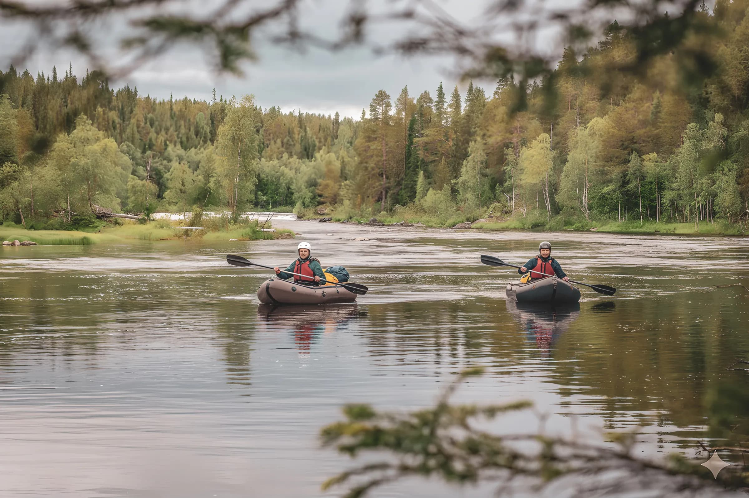 Two adventurers paddle peacefully on a wild river surrounded by lush nature in Lapland.