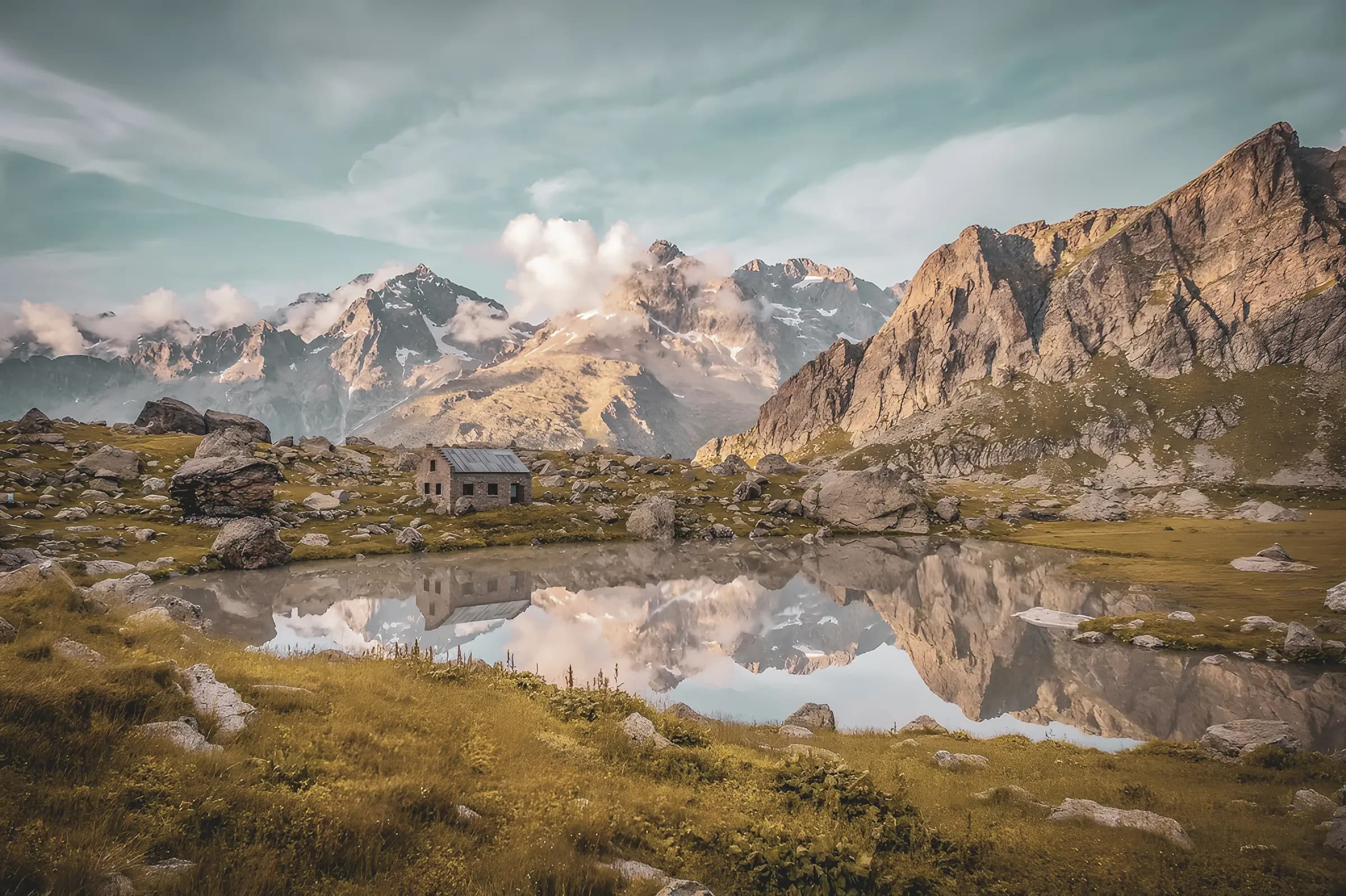 Vaste paysage montagnard avec un refuge, des lacs cristallins et des sommets majestueux.