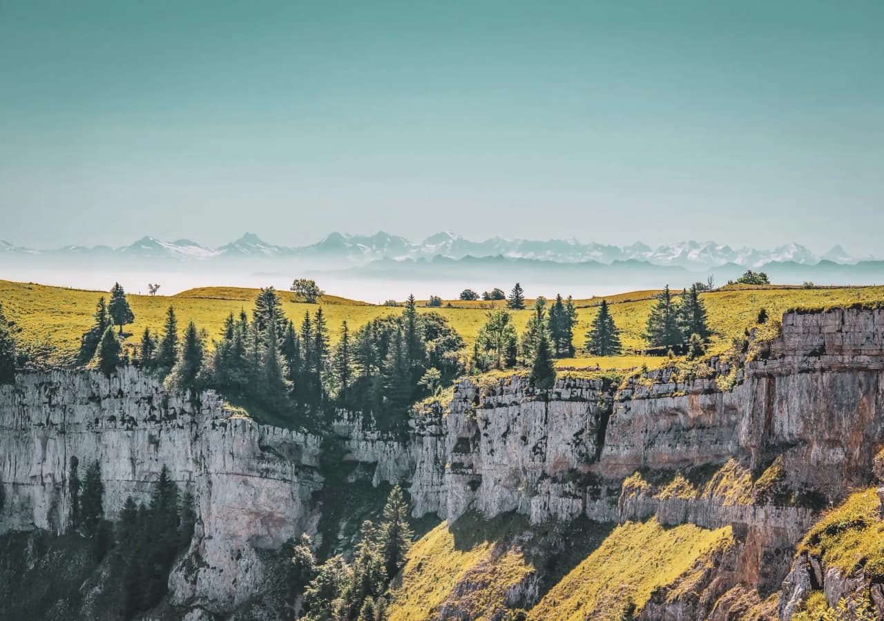 Een groene Jura-top met kliffen en uitzicht op de majestueuze bergen in de verte.