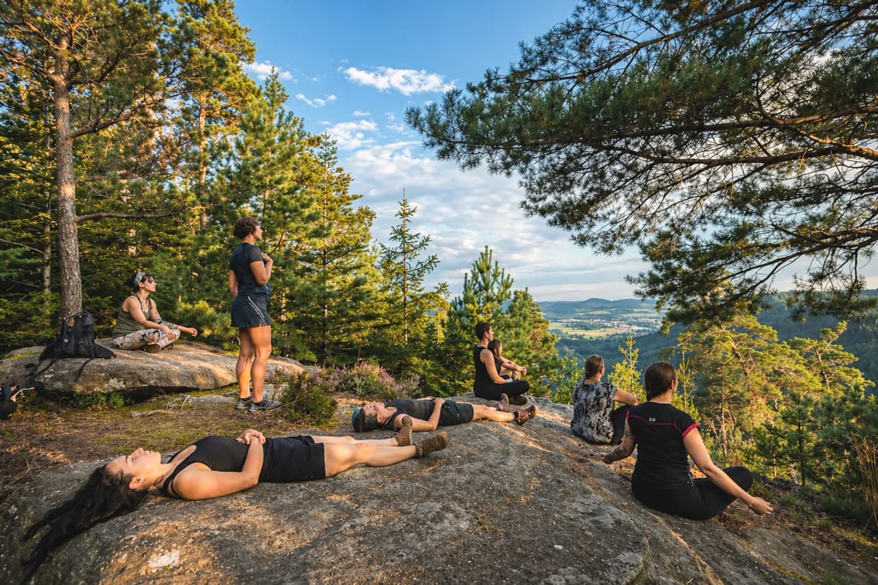 A group out in nature, meditating on rocks at sunset in the heart of the forest.