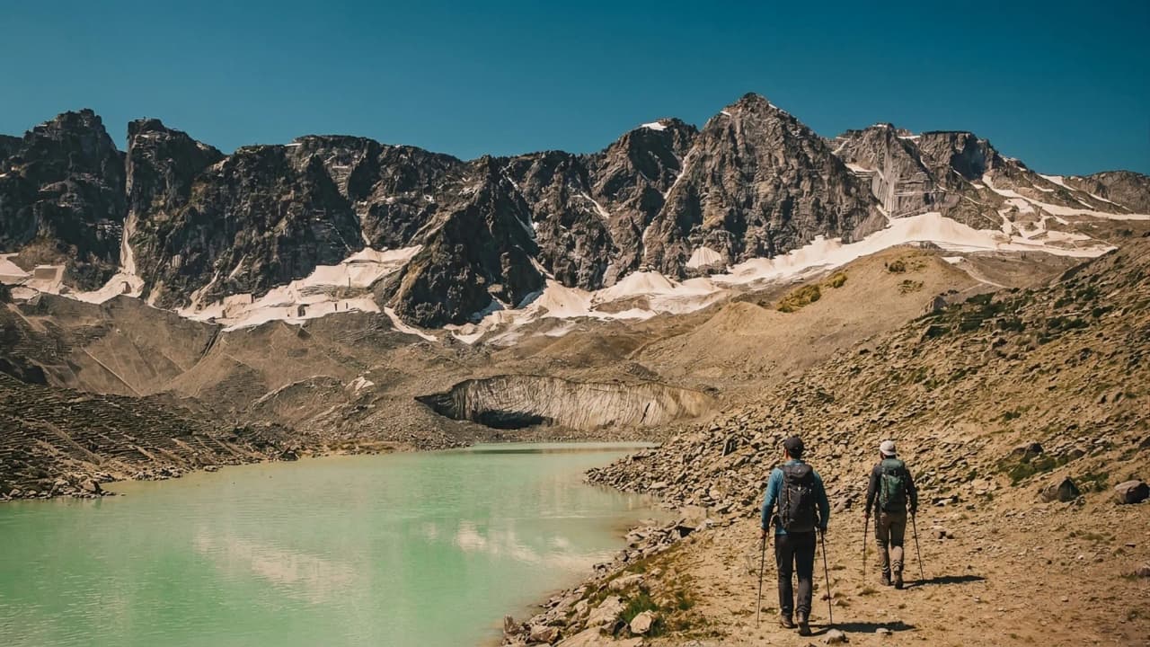 Hikers walking beside a turquoise lake, facing the majestic Écrins mountains.