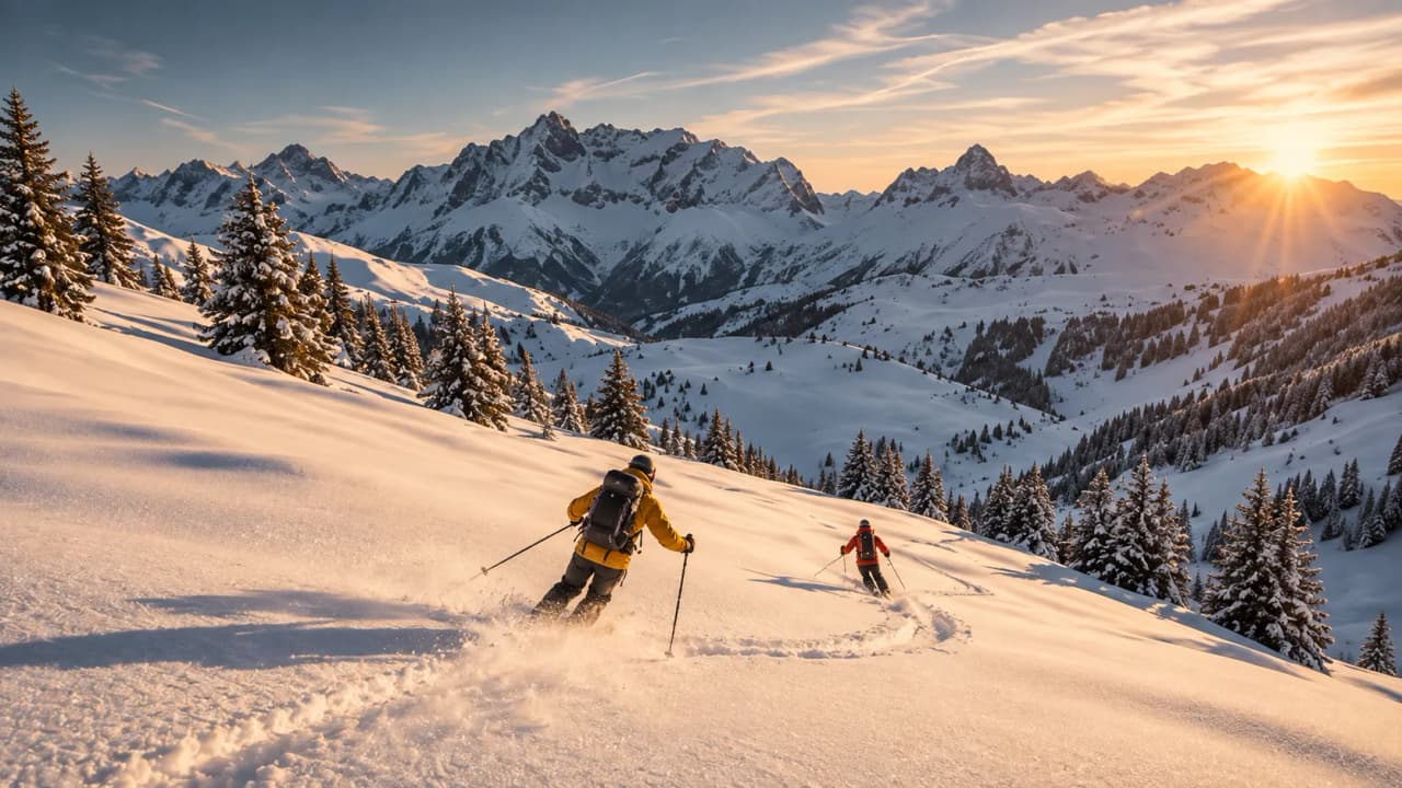 Hikers skiing through a magical alpine landscape, bathed in the light of the setting sun.