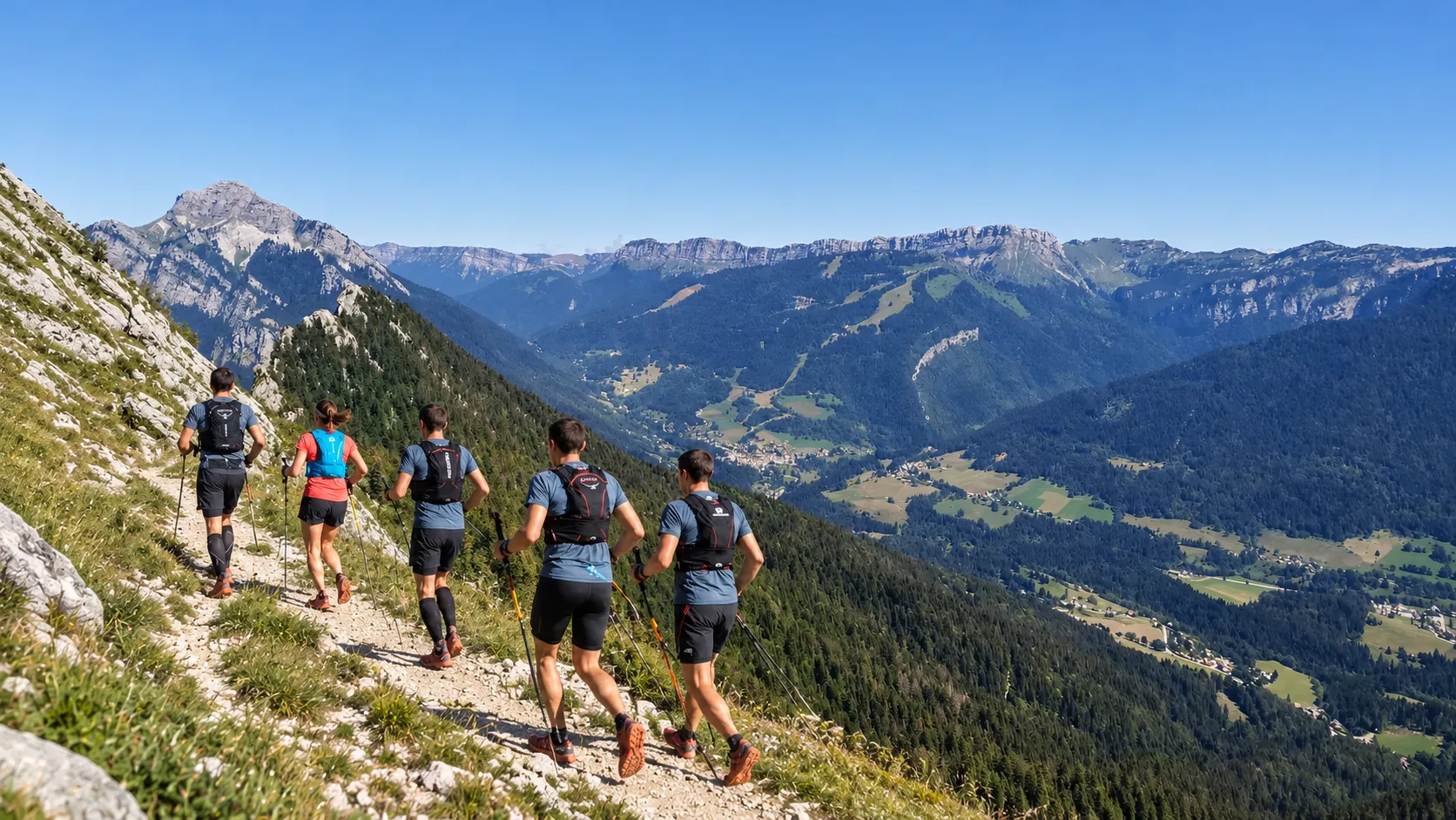 Groupe de traileurs parcourant un sentier ensoleillé, avec des paysages montagnards à couper le souffle.