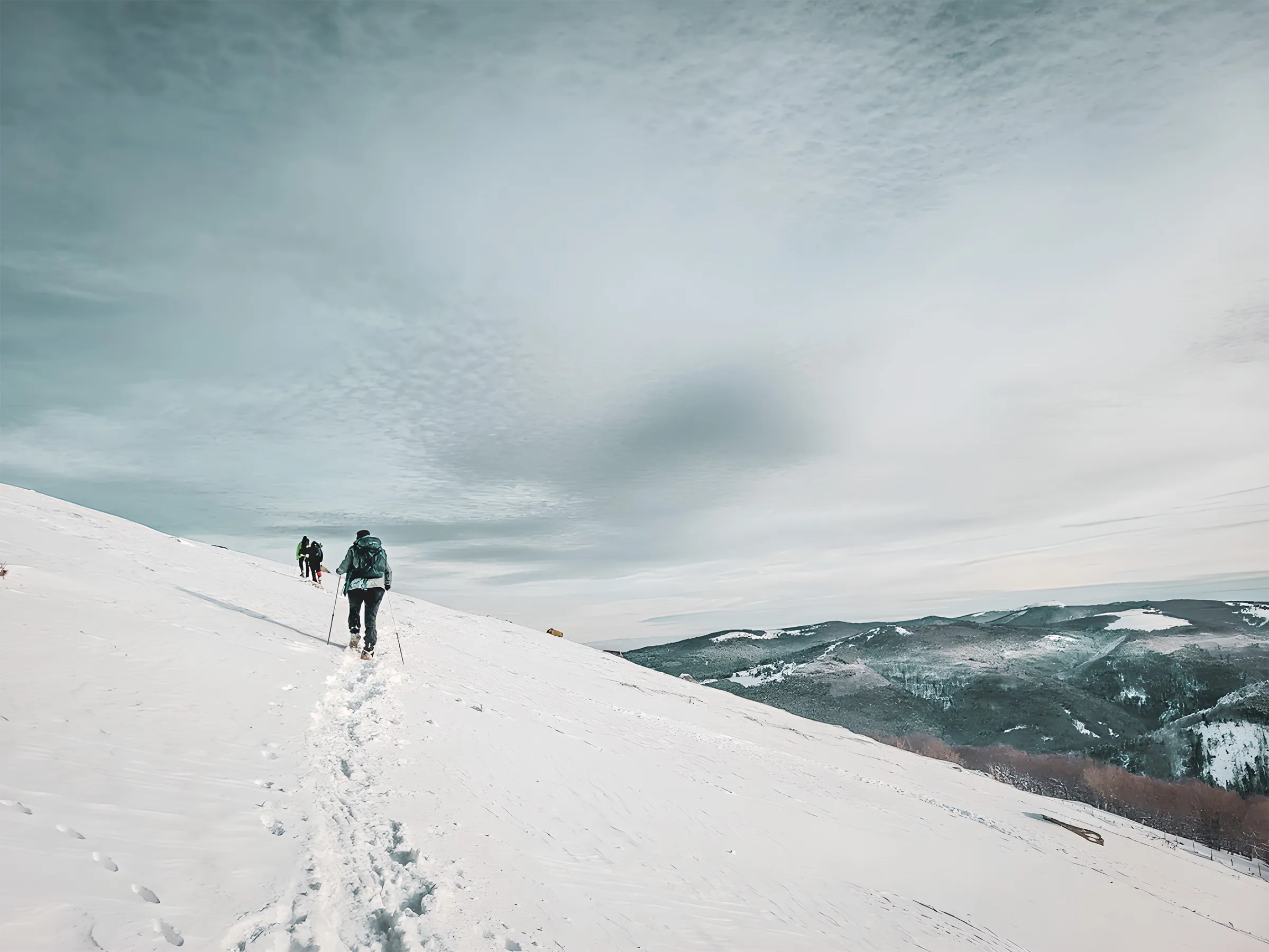 Sentier enneigé dans les Vosges, des randonneurs profitent d'un paysage majestueux.