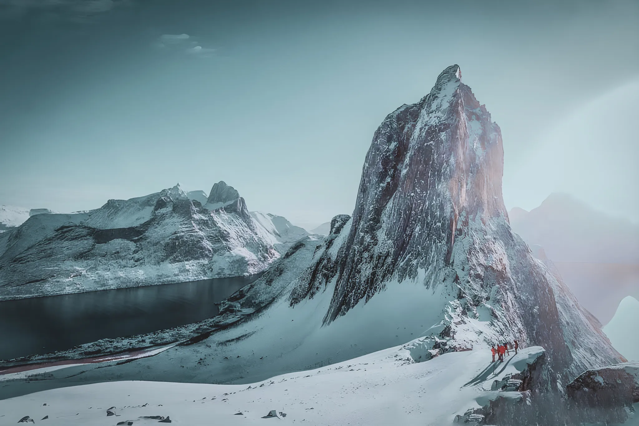 Randonnée en raquettes au cœur des fjords glacés de Senja, paysages majestueux et aventure.